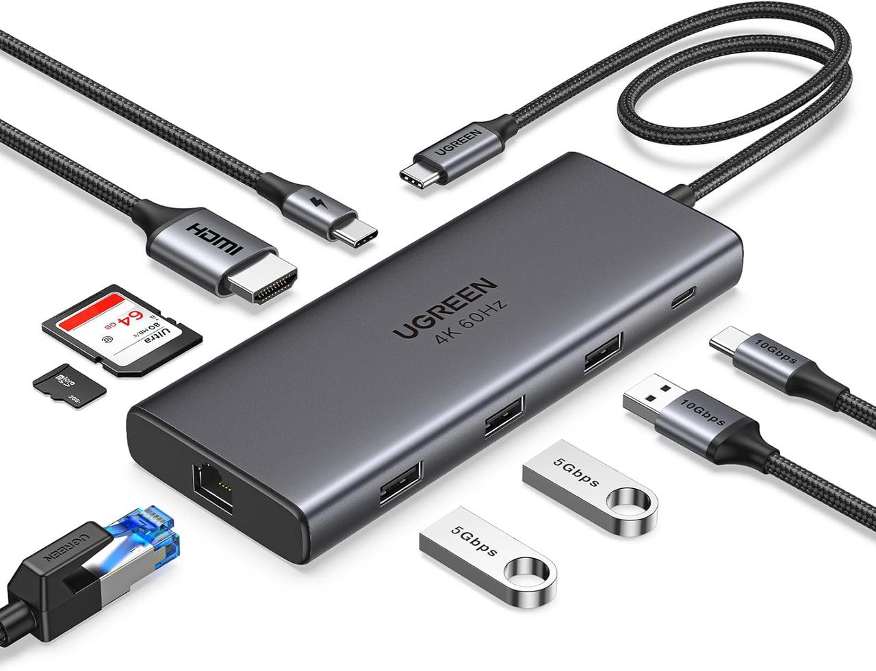 USB-Хаб UGREEN Revodok Pro 109 USB C Hub 9 in 1 10Gbps USB C 3.2 & USBA 3.2 4 Grey (CM639)