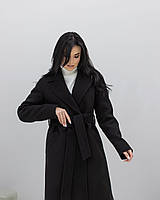 Пальто женское миди прямого кроя с поясом, демисезонное осеннее весеннее, полу шерстяное, деми, Черный, 52