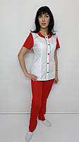 Женский медицинский костюм Лиза хлопок 44 размер короткий рукав 44, Белый/красные брюки
