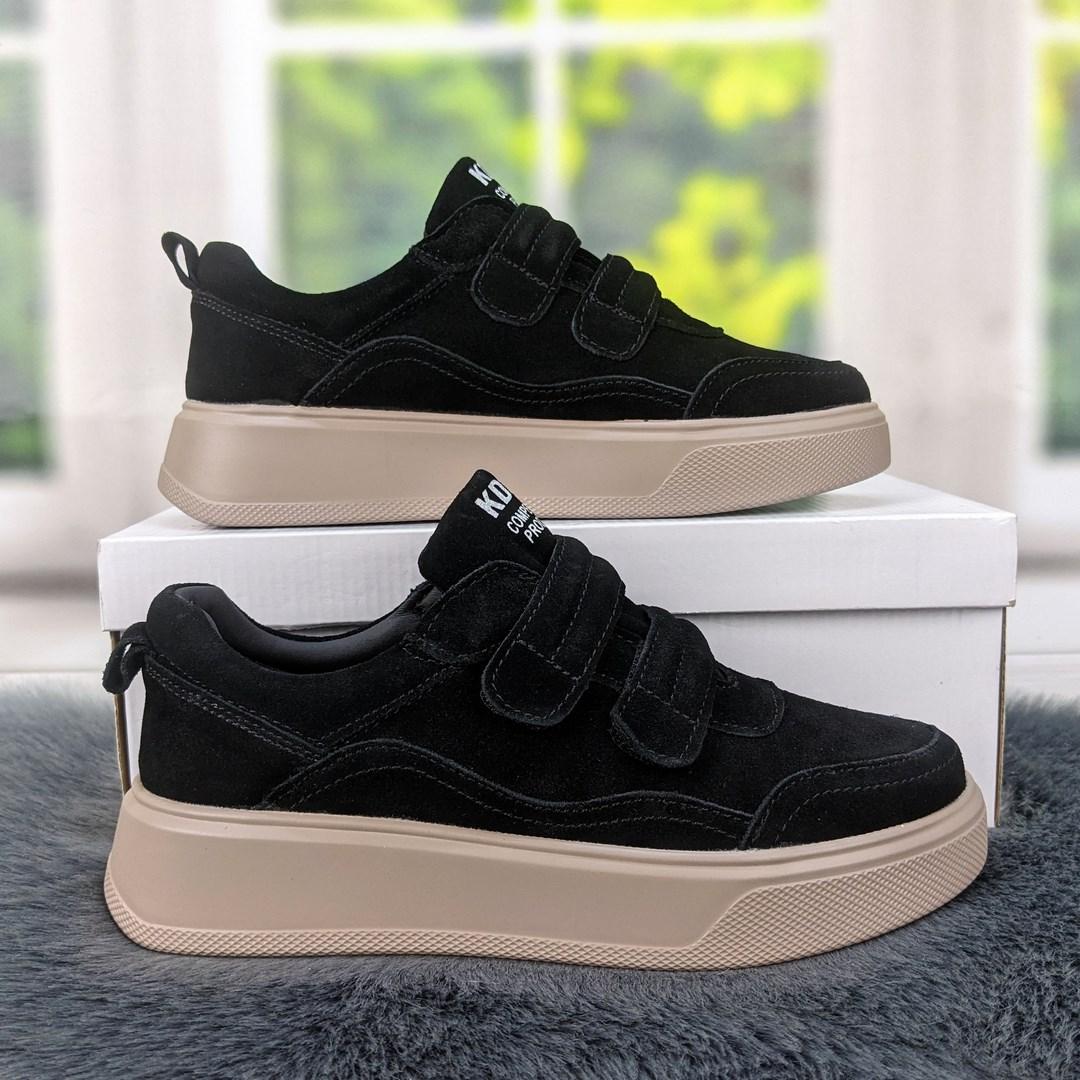 Кросівки жіночі замшеві чорні на липучках KDSL 4362