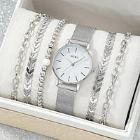 Женские часы Soki с металлическим ремешком + 5 браслетов в подарок. Серебристый