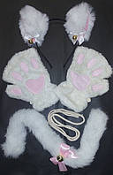 Набор: кошачьи ободок Ушки Хвост Перчатки, костюм карнавальный, нарядный кот, аниме, косплей 10375 Белый