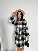Стильное байковое платье-рубашка в клетку с пояском в комплекте, норма и полубатал