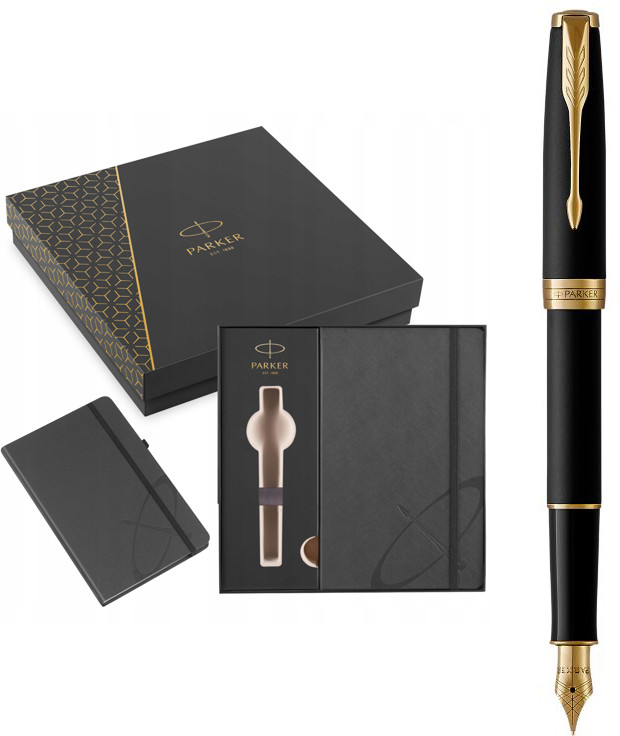 Набір Parker ручка чорнильна SONNET 17 Matte Black Lacquer GT FP F + блокнот Parker + в подарунковій упаковці GIFT24