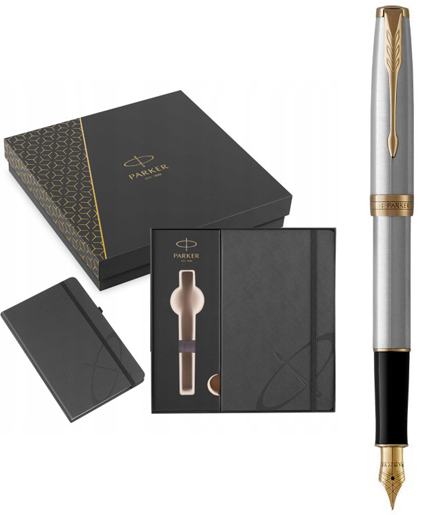 Набір Parker ручка чорнильна SONNET 17 Stainless Steel GT FP F + блокнот Parker + в подарунковій упаковці GIFT24 (84111b24)