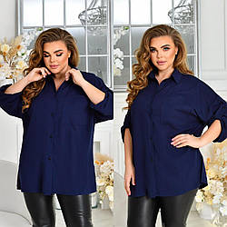 Стильна льняна базова блузка сорочка на ґудзиках з підігнутим рукавом, батал великі розміри