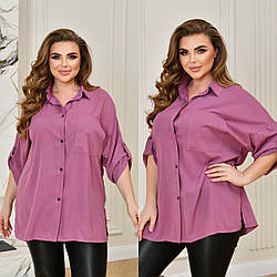 Стильна льняна базова блузка сорочка на ґудзиках з підігнутим рукавом, батал великі розміри