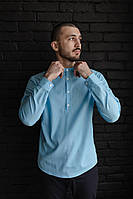 Рубашка льняная мужская с длинным рукавом Soro голубая Рубашка классическая повседневная из льна