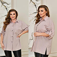 Стильна льняна базова блузка сорочка на ґудзиках з підігнутим рукавом, батал великі розміри