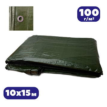 Тент 100г/м² 10х15м з кільцями Agrostar тарпаулін для укриття зерна водонепроникний зелений для зерна від дощу