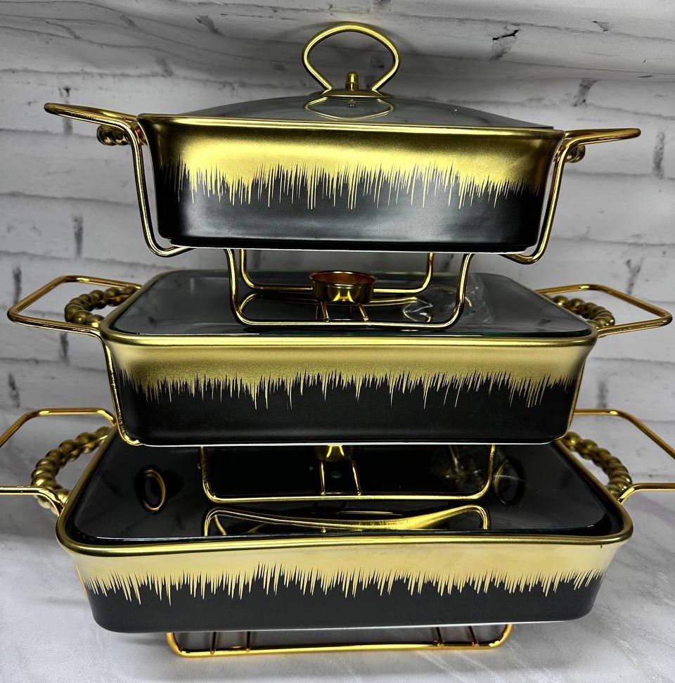 Набір із 3 мармітів керамічних прямокутних Kitchen з кришками зі скла Чорно Золотий, фото 1