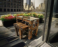 Барні меблі, 120x60 см + 4 Стільця, обідній стіл, Серія DROHOBYCZ, індустріальний стиль, метал-дерево-скло