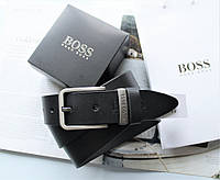 Мужской кожаный ремень Hugo Boss с коробкой и пакетом черный