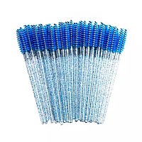 Щіточки нейлонові для розчісування вій та брів, сині з блискітками (прозора ручка) 50 шт