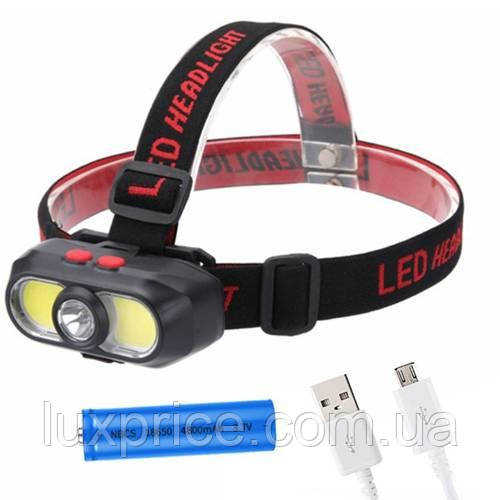 Ліхтар налобний KX-302-LED+2COB, 1x18650, Type-C, Box    Luxprice, фото 1