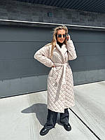Женское весеннее стеганое ромбами пальто длинное с поясом размеры 42-52