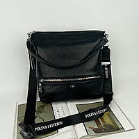 Женская кожаная сумка на и через плечо с текстильным ремешком Polina & Eiterou черная