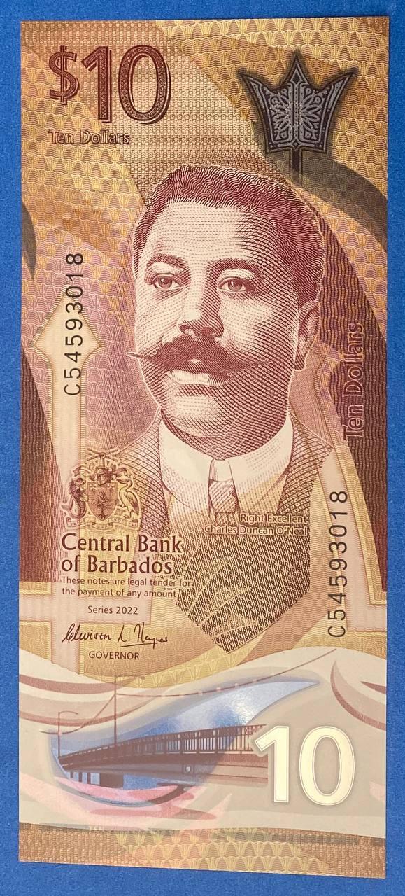 Банкнота Барбадоса 10 доларів 2022 г UNC Полімер, фото 1