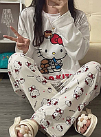 Женская милая пижама hello kitty лонг+штаны подростковая, взрослая. Белый, красный