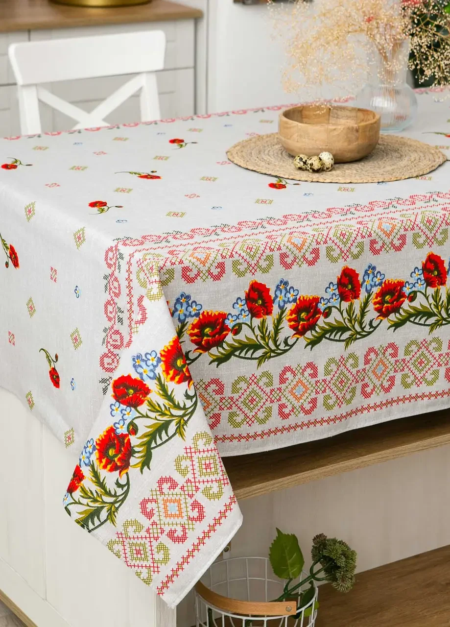 Скатертина лляна на розкладний стіл/Скатертина з маками/Скатертина 220х150