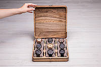 Цельная деревянная шкатулка для 9 наручных часов Хранение часов в персонализированной коробочке Гравировка + подарочная упаковка + открытка, Деревянная крышка