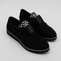 Туфли женские молодёжные замшевые чёрные без каблука Medium код-(1266з)