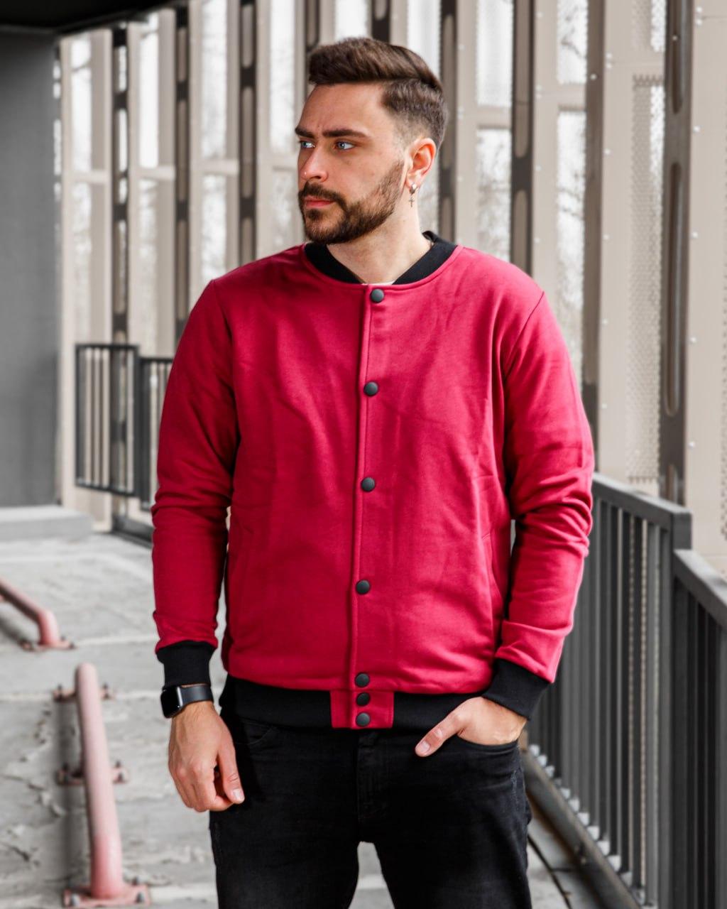 Трикотажний чоловічий бомбер на кнопках бордовий, фото 1