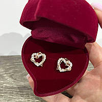 Подарок девушке - сережки "Золотое переплетение двух сердец" ювелирный сплав с цирконами в бархатной коробочке