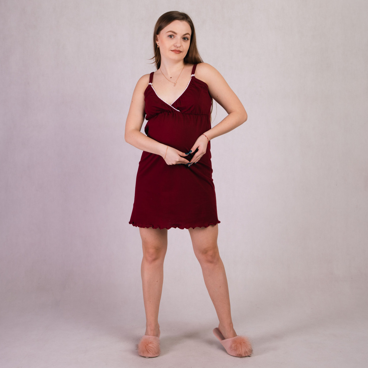 Нічна сорочка жіноча на тонких бретельках для вагітних і для мам-годувальниць бордовий 46-54р.