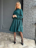 Стильное базовое свободное женское нарядное вельветовое платье трапеция с длинным рукавом микровельвет OS 46/48, Бутылка