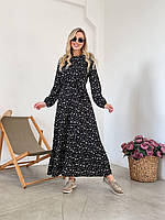 Стильное женское легкое нарядное базовое платье миди с поясом цветочный принт штапель с длинным рукавом OS