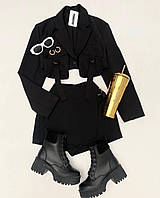 Женский юбочный костюм укороченный пиджак + юбка (черный, бежевый, розовый, серый) свободного кроя