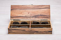 Деревянный футляр органайзер для 4 пар очков со стеклянной крышкой с логотипом Гравировка + подарочная упаковка + открытка, Деревянная крышка