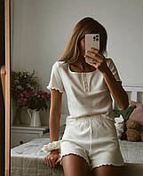Женская молочная,однотонная пижама в рубчик.Комплект для сна.Домашний костюм тройка(шорты+штаны+футболка)