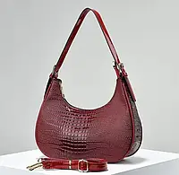 Модная бордовая женская мини сумка багет, женская маленькая сумочка клатч под рептилию