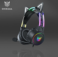 Ігрові навушники Onikuma X15 Pro, провідна гарнітура для ігор з RGB підсвіткою Black Знімні котячі вуха