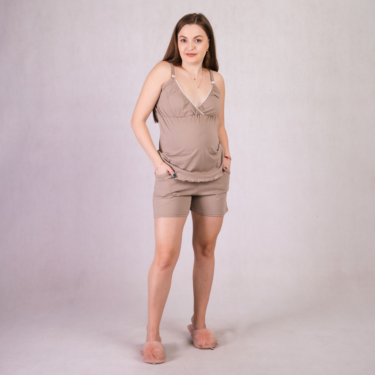 Піжама жіноча для вагітних топ із шортами бавовна на літо коричневий 46-54