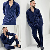 Чоловіча велюрова піжама Сорочка і штани Домашній костюм з велюру Комплект для сну синя
