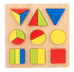 Дитяча розвивальна іграшка з геометричними фігурками рамка-вкладиш круг-квадрат-трикутник 18 елементів