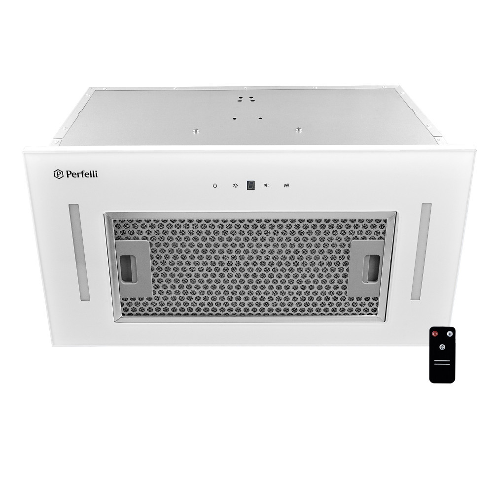 Кухонна витяжка Perfelli BIS 5684 WH 1000 LED, біле скло, потужна вбудована в шафу, з пультом ДУ, фото 1
