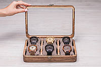 Подставка - органайзер для хранения наручных часов Персонализированная именная коробочка для часов Гравировка + подарочная упаковка + открытка, Стеклянная крышка