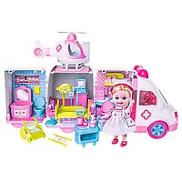 Ігровий набір лікарні в машинці з лялькою (машина, вертоліт, лялька, меблі, аксесуари, у коробці) QL049-2
