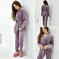 Женская велюровая пижама на запах кимоно и штаны с поясом, Домашний костюм велюр фиолетовая