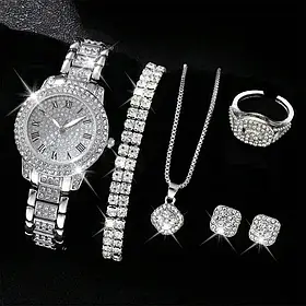 Подарунковий жіночий набір наручний кварцовий годинник Versatile Luxury Diamond ланцюжок з кулоном, браслети, каблучка і сережки