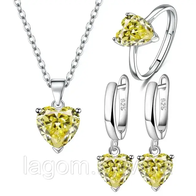 Комплект срібних прикрас з жовтим сердечком 925 проби Yellow Heart Set сережки, підвіска, кільце, фото 1