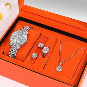Подарунковий жіночий набір наручний кварцовий годинник Ladies Watch Diamond ланцюжок з кулоном, каблучка і сережки