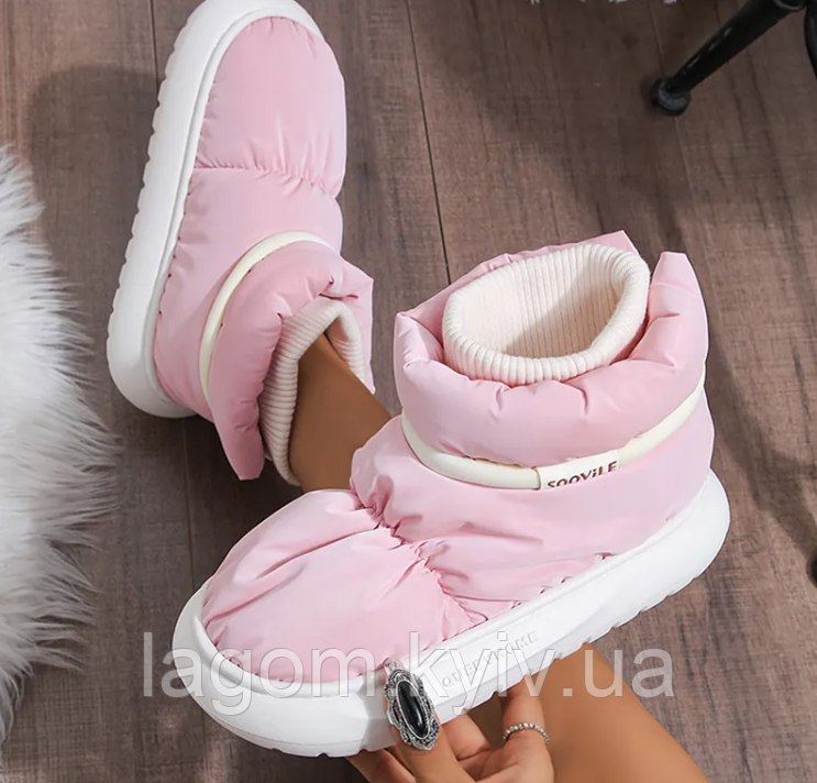 Жіночі зимові рожеві ботильйони, рожеві дутики, черевики на товстій платформі, що не ковзає, фото 1