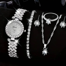 Подарунковий жіночий набір наручний кварцовий годинник Geneva Versatile Diamond ланцюжок з кулоном, браслет, сережки і каблучка