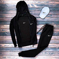 Мужской чёрный спортивный костюм Nike 4в1 весна-осень, Чёрный комплект Найк Кофта+Штаны+Футболка+Кепка (белая)