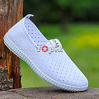 Мокасини жіночі білі текстильні сліпони в дірочку Мокасины женские белые тканевые слипоны в дырочку (Код: 1676)